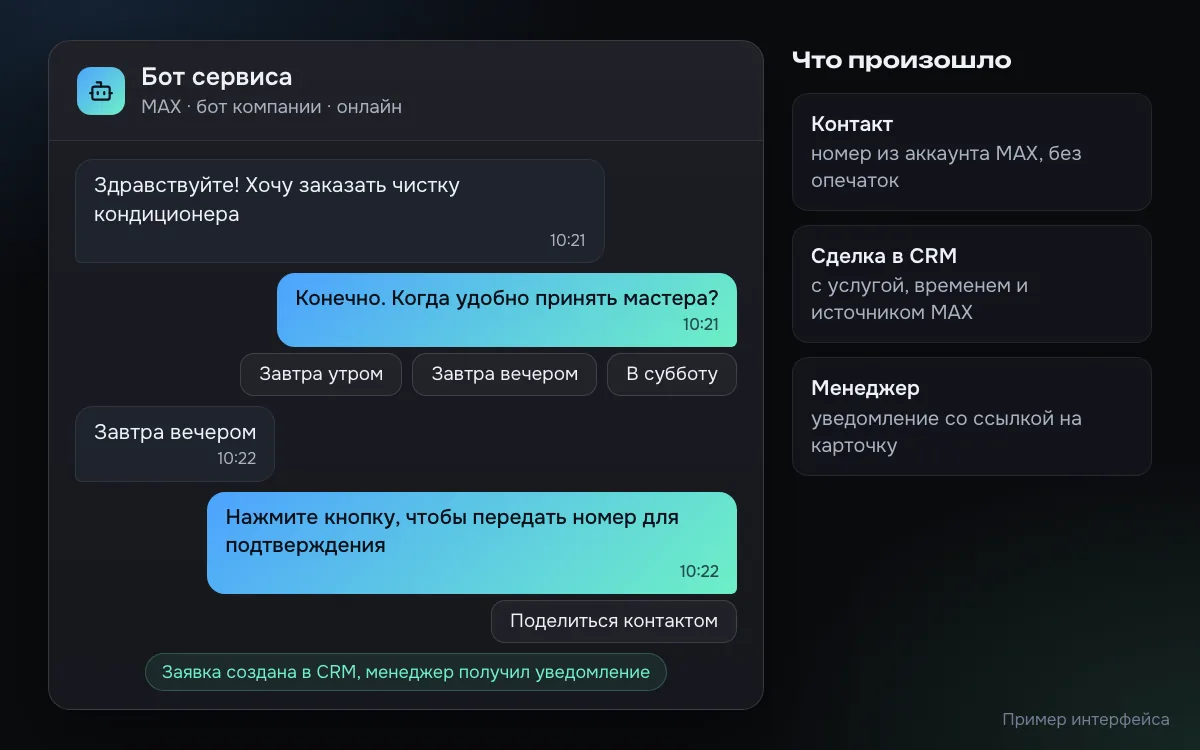 Пример чата с ботом компании в MAX: клиент оставляет заявку на услугу, выбирает время кнопкой и передаёт контакт, а заявка уходит в CRM