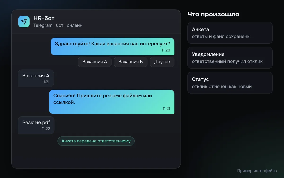 Пример диалога HR-бота в Telegram: бот спрашивает о вакансии кнопками, кандидат выбирает вакансию и присылает резюме, анкета уходит ответственному